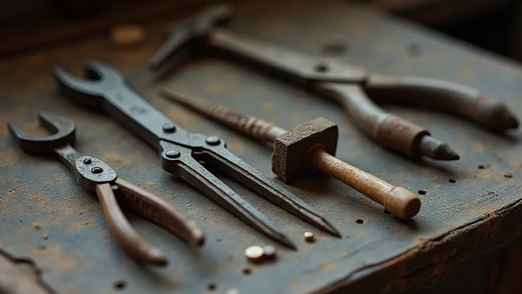 Rusted tools in an abandoned workshop