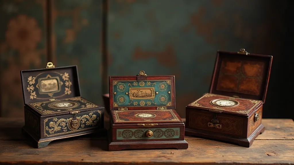 A collection of antique music boxes