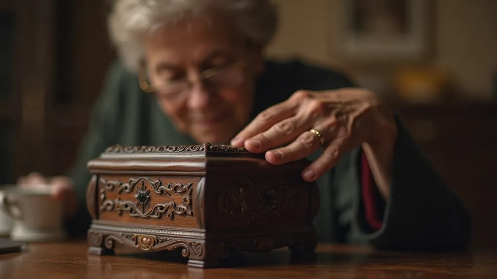 An elderly woman inspecting a vintage music box