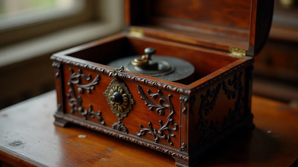 Close-up of an antique music box