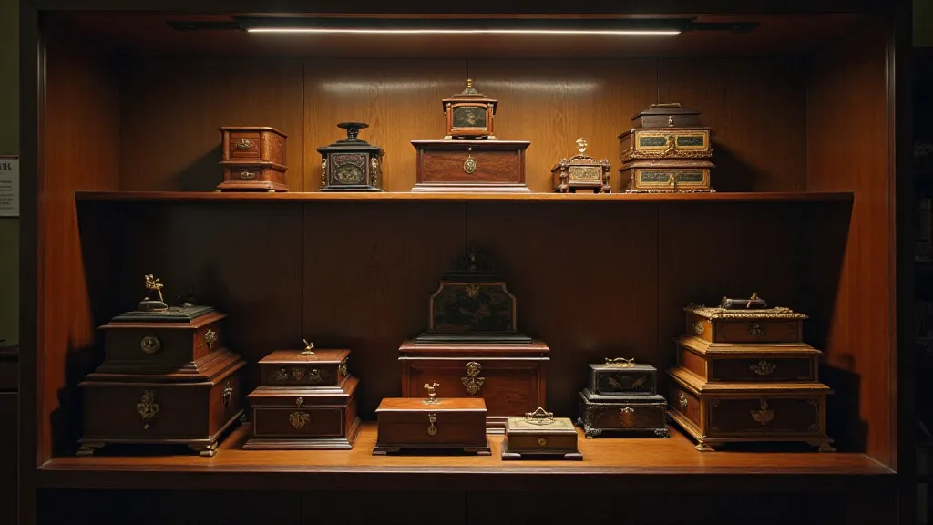 Display of antique music boxes