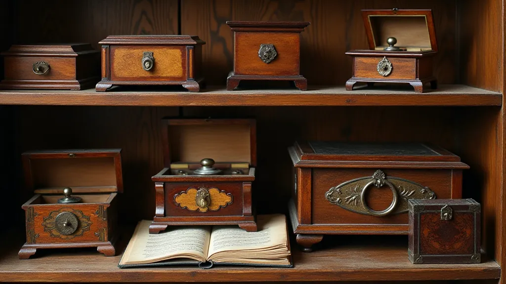 A curated display of antique music boxes