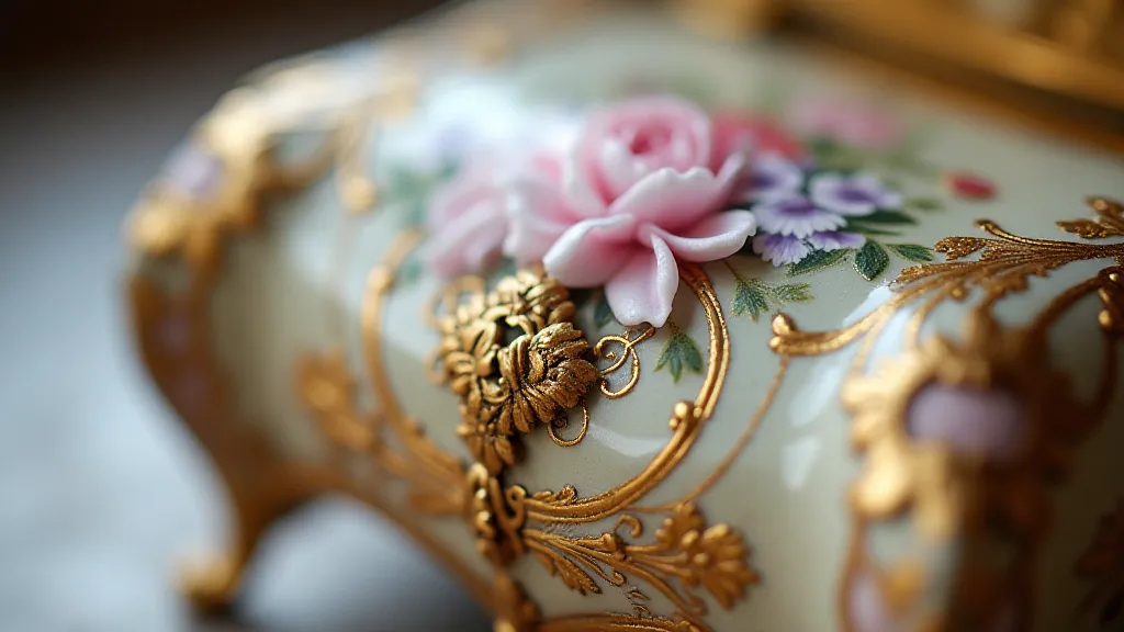 Detailed floral decoration on a vintage music box