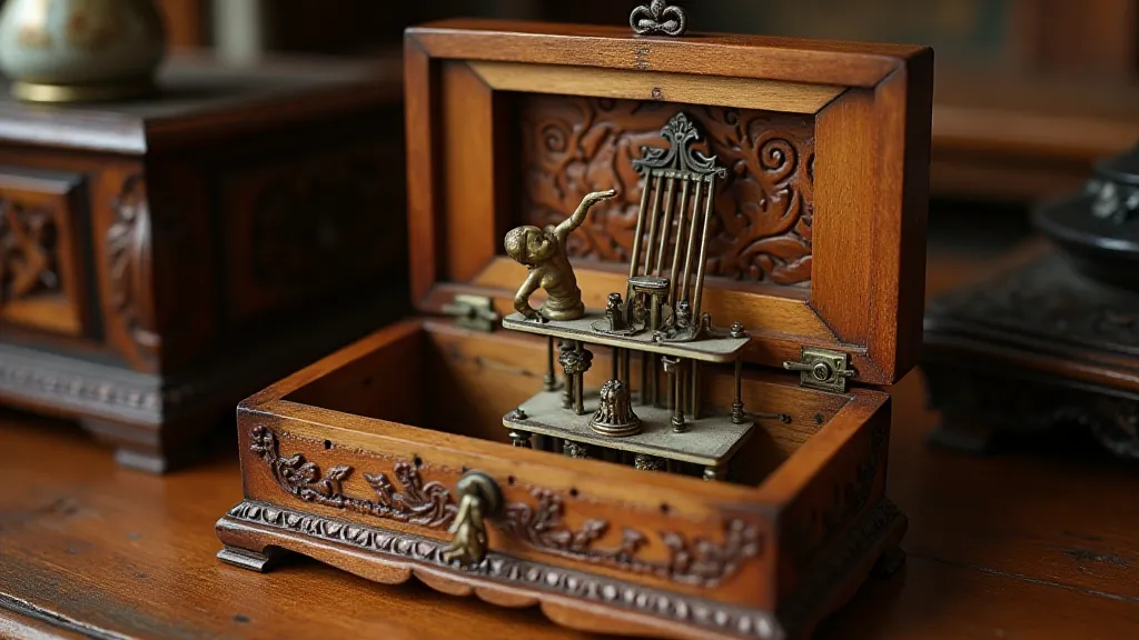 Detailed view of a carved antique music box