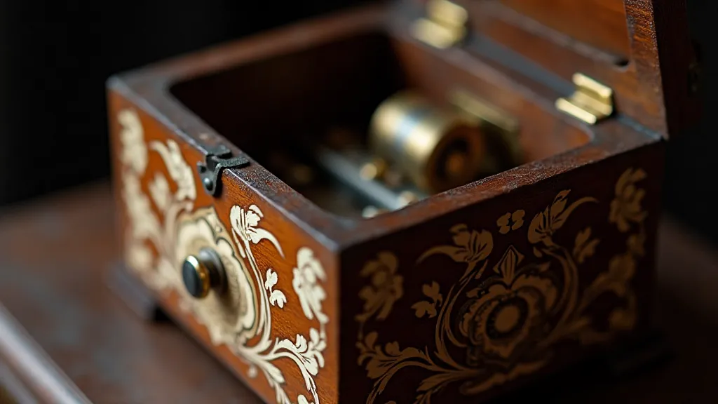 Detailed view of a vintage Swiss music box