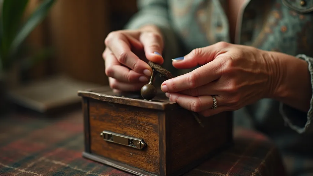 Woman winding an antique music box